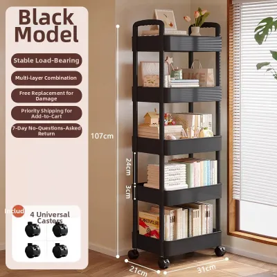 Mobile Bookshelf Stand Home Use Childrens Book Storage Rack Multi-layer Wheel-equipped Trolley Simple Bookcase Easy Assembly