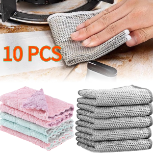 10PCS Set Non-Scratch Steel Wool Dishcloth Multi Purpose Wire Dishwashing Rags Kitchen Towels Cleaning Supplies Tools
