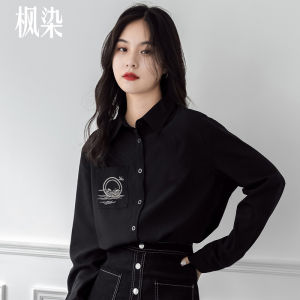 2024 New Arrival Autumn College Style Chiffon Shirt National Style Black Embroider Shirt Womens Long Sleeve Loose Slim Looking Casual