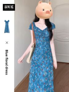 SUSIEYUAN | French Blue Floral Summer Dress Womens Miniature Beach Vacation Long Dress Sweet Style Loose Waist Polyester Fiber A-Line Skirt V-Neck Short Sleeve