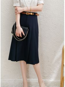 Retro British High Waist Slim A-Line Midi Skirt with Belt Polka Dot Polyester Zipper Closure Office Commute Style Midi Skirt