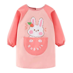 Childrens Waterproof Apron Painting Dining Art Blouse Pink with Long Sleeves Large Pocket Kindergarten Cover for Girl 1-8 Years