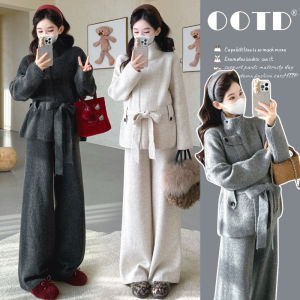 Pregnant Fashion Stand Collar Waist Belt Stylish Loose Knitted Sweater Pants Set