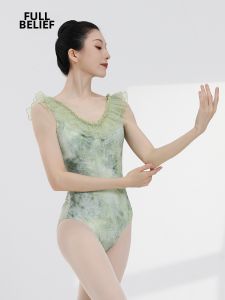 FULLBELIEF | Đồ Tập Leotard Đôi Lớp Cổ Nếp Váy và In Hình Không Tay