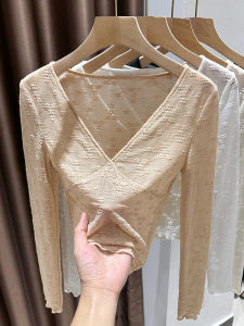 Elegant V-Neck Long Sleeve Womens Base Shirt Lace Underwear Fashionable Inner Wear Commute Style Pure Color Korean Version