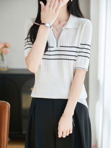 SHEHAN | French Style Striped Polo Collar Short Sleeve T-Shirt Lightweight