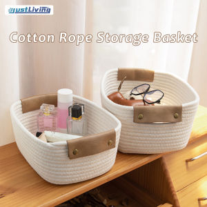 JustLiving 1ชิ้นตะกร้าผ้าเชือกคอตตอนทำด้วยมือดูตะกร้าใส่ของตะกร้าใส่ของเชือกถักสำหรับชั้นวางของเล่นสุนัขถังตะกร้าเชือกผ้าฝ้ายสำหรับการจัดระเบียบด้วยมือจับหนัง