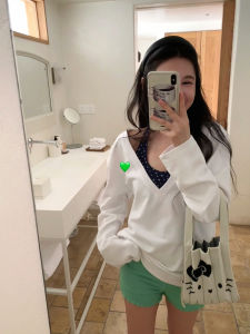 Spring New Arrival JUC 2025 Oversize Two-Tone V-Neck Thin Sweatshirt Versatile Comfortable Cotton Long Sleeve Crew Neck