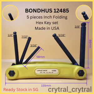 [Ready Stock] BONDHUS 3/16"  7/32"  1/4"  5/16"  3/8". Model no #12485. 5 pieces Inch Folding Hex Key set. Made in USA