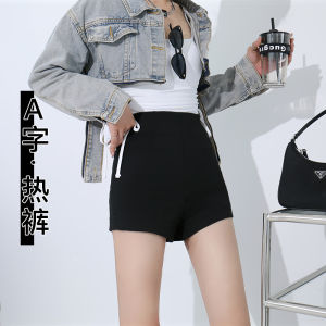 Black Fleece-lined A-line Suit Pants High-waisted Short Shorts Womens Autumn Winter Casual Trousers Commute Style Pocket Detail