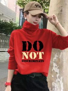 Red High Collar Loose Warm Top Trendy Large Size Long Sleeve Cotton T-Shirt for Women Spring Commute Style Cartoon Print