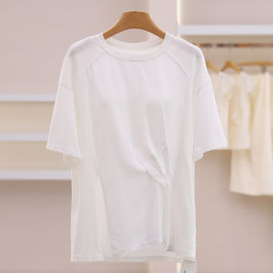 Split Hem Pleated Design Loose Round Neck T-Shirt