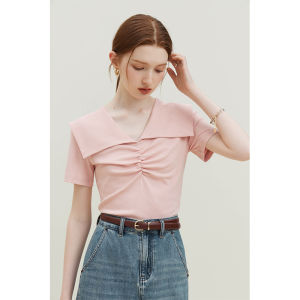 Femini Design Sweet Young Doll Collar Knitted T Shirt Womens Summer New Style Slimming Versatile Short Sleeve Pure Color