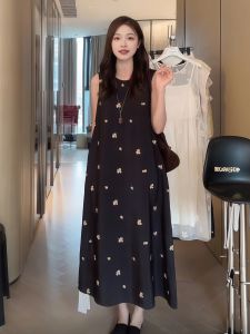 French Style Hepburn Sleeveless Long Dress Women plus Size Elegant Slimming A-Line Skirt Polyester Fiber Casual round Neck