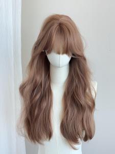 Champagne Tea Long Curl Wig Womens New Style Big Wave Full Head Covering Hairpiece Sweet Style Face Shaping 62cm Length