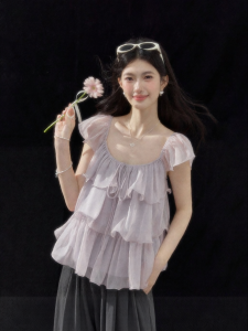 OUYANGXI | Áo Blouse Nữ Không Tay Màu Tím Có Nếp Nhăn