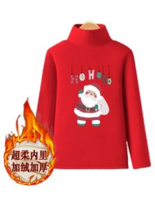 Thickened Double-sided Fleece Cartoon Print T-shirt Half-high Collar Warm Top for Autumn And Winter Christmas Design Childrens Clothing