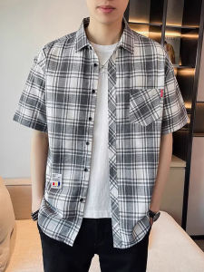 Summer New Mens Plaid Shirt Thin Short Sleeve Loose Pocket Style Breathable Ice Silk Casual Fashion Teenagers Outerwear