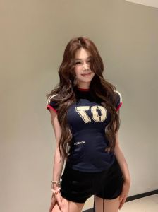 Slim Fit Short Sleeve T-Shirt Women Summer Three Stripe Trendy Streetwear High Waist Slimming Short Length round Neck Print T-Shirt