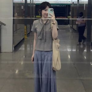 BINKAFENNY | Summer Outfit Grey Plaid Half-Skirt Two-Piece Set Cool Loose Feeling Womens Fashion Brand Binkafenny Exclusive Design