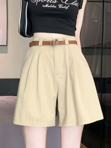 กางเกงขาสั้นทรงเอเอวสูงผ้าคอตตอนซักได้สีกรมท่าสำหรับผู้หญิง กางเกงขายาวทรงเอขากว้าง 5 จุด ลำลอง ชุดทำงาน ฤดูร้อน สไตล์ใหม่ เอวยางยืด