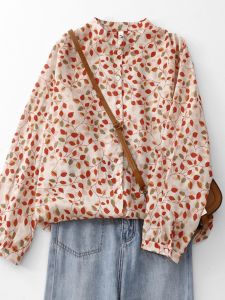 Japan and South Korea Export Export Cotton Linen Shirt Womens Printed Literary Plus Size Loose Slimming Versatile Long Sleeves Bottoming Shirt Tops