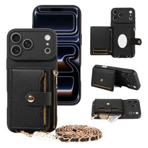 Leather Phone Case for IPhone17 16 15 14 13 12 11Pro Max Plus Mini with Mirror & Pearl-Studded Strap Shockproof Protective Cover