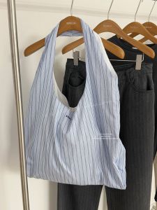 Summer  Blue Stripes Canvas Tote Bag Womens Versatile Letter Single Shoulder Bag Large Capacity Shopping Bag Tote Bag
