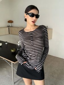 เสื้อยืดคอกลมแขนยาวทรงสลิมฟิตสำหรับผู้หญิง GOGO BURN ฤดูใบไม้ร่วง 2025 ใหม่ ลายทางสีบล็อก ทรงเข้ารูป เสื้อชั้นในสุดเท่