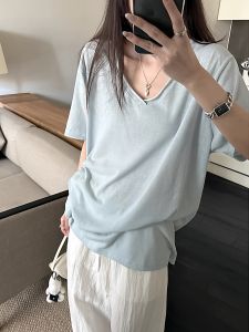 Sweet Loose Lightweight Short Sleeve T-Shirt Women Summer Lazy V-Neck Breathable Versatile Top Comfortable Casual Female Tee