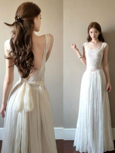 CHANGTONG | French Lace Splice Strap Backless Long Dress