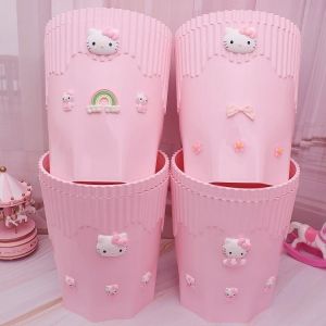 Pink Princess Bedroom Living Room Cute Cartoon Waste Paper Basket Garbage Can Family Use Plastic round Barrel Shape 9L Capacity