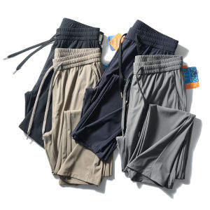 Cool Lightweight Summer Mens Casual Pants Ice Silk Elastic Waist Straight Leg Fashion Urban Style Daily Wear Thin Elastic