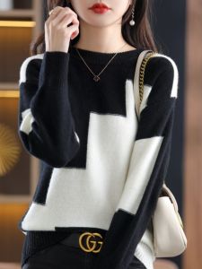 ผู้หญิง ฤดูใบไม้ร่วง ฤดูหนาว ผ้าขนสัตว์ เสื้อผ้าถัก แคชเมียร์บล็อกสีเย็บปะติดปะต่อ เสื้อสวม แขนยาว หลวม สวมใส่ด้านในชั้นฐานพอดี เสื้อท่อนบน