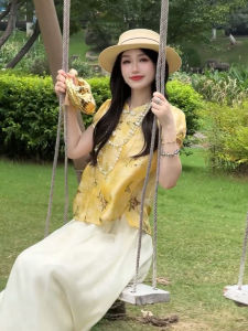 YUFUQING | New Chinese Style Yellow Button Print Short Sleeve Shirt Set Women Summer High Waist Loose Half Skirt Two Piece Set