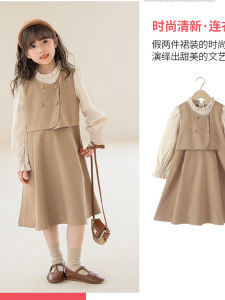 Girls Dress Korean Style Casual Spring Autumn Middle High Waist A-Line Skirt Long Sleeve Thickened Leather Three-acetate Fiber