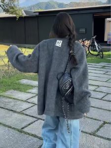 Ladies Warm Woolen Coat V-neck Long Sleeve Button-up Cardigan Thickened Winter Outerwear Straight-cut Korean Style