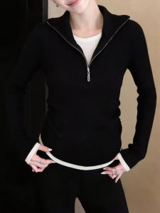 QINGNAER | Slimming Elegant Zipper Collar Knitted Sweater