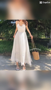 Mookrinstyle เดรสสีขาว ดีเทลสายเดี่ยว ตกแต่งลูกไม้ สายไขว้ด้านหลัง maxidress white