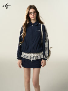 Afffreedom Spring 2025 Womens Zipper Collar Lace Sports Suit Casual Skirt Two-Piece Set Nylon Long Sleeve Fashion Ensemble