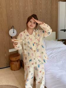 Large Size Pure Cotton Sleepwear Set Womens Home Clothes Star Bear Print Long Sleeve Shirt And Pants Comfortable Princess Style