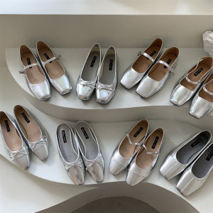 Silver Pig Nose Ballet Flats Womens New Style 2025 Popular French Small Fragrance Mary Jane High Heel Single Shoes Butterfly Knot PU Material Low Rubber Outsole