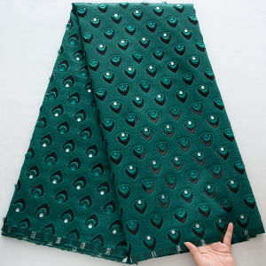 ​​African Jacquard Lace Fabric - Wine Red Heart Motifs With Rainbow Crystal Accents & Black Velvet Texture For Bridal Gowns