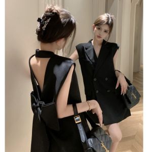 Váy Vest Không Tay Cao Cấp Thiết Kế Tay Lửng Hở Lưng Thắt Nút Bướm Thanh Lịch Váy Chữ a Cạp Cao Mùa Hè Váy Công Sở