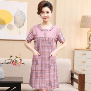 DTHN | Pure Cotton Lightweight Loose Sleepwear For Middle-Aged Women Short Sleeve Floral Print Comfortable Nightgown Summer Dress