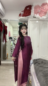 Áo Dài Tường Xuân Dáng Suông Dễ Mặc Lụa Ánh Kim Cổ Tròn Đính Ngọc Tay Loe Duyên Dáng - ÁO DÀI THƠ PHẠM