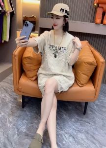 French Style Lace Halter Neck Short Sleeve T-Shirt Dress Mid-Length One-Piece Summer Cotton High Waist H-Shape Print Dress