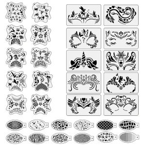 32Pcs Face Paint Stencils Kit Reusable Body Facial Art Templates for Halloween Party Makeup and Temporary Tattoo Art