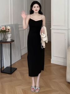 Plus Size Womens French Tea Break Style Beautiful Little Black Dress with Suspenders Summer New Arrival Plus Size Ladies Super Slimming Hip Bag Dress