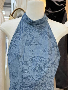 chaqi | Retro Chinese Style Shoulder Bared Floral Print Sleeveless Neck Hanging Denim Vest Women Summer Sweet And Spicy Short Fit Top
